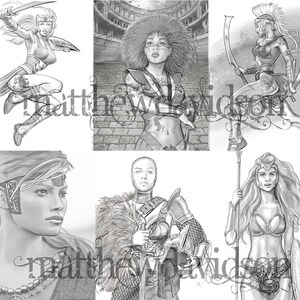May include: A collection of five black and white illustrations of women warriors. Each illustration features a different woman warrior with unique armor, weapons, and hairstyles. The illustrations are drawn in a realistic style with detailed features and textures.