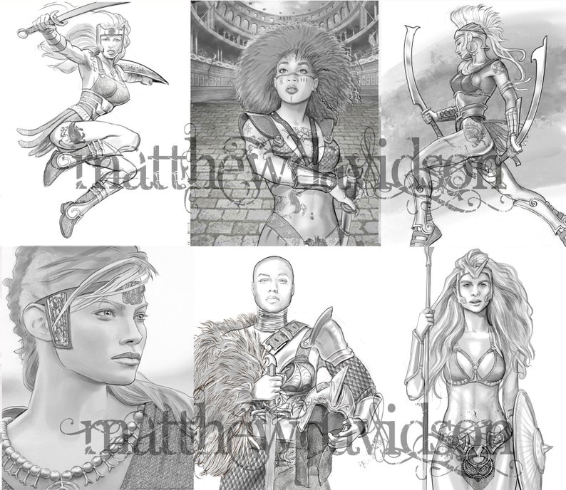 May include: A collection of five black and white illustrations of women warriors. Each illustration features a different woman warrior with unique armor, weapons, and hairstyles. The illustrations are drawn in a realistic style with detailed features and textures.