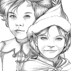 Elfling Princes, Adult Coloring Page, Fantasy Coloring, Winter, Christmas, Pretty child, Greyscale, Instant Download, Printable