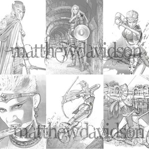 May include: A set of six black and white illustrations featuring fantasy characters. The characters are drawn in a realistic style and are wearing armor and wielding weapons. The illustrations are perfect for use in fantasy art, role-playing games, or other creative projects.