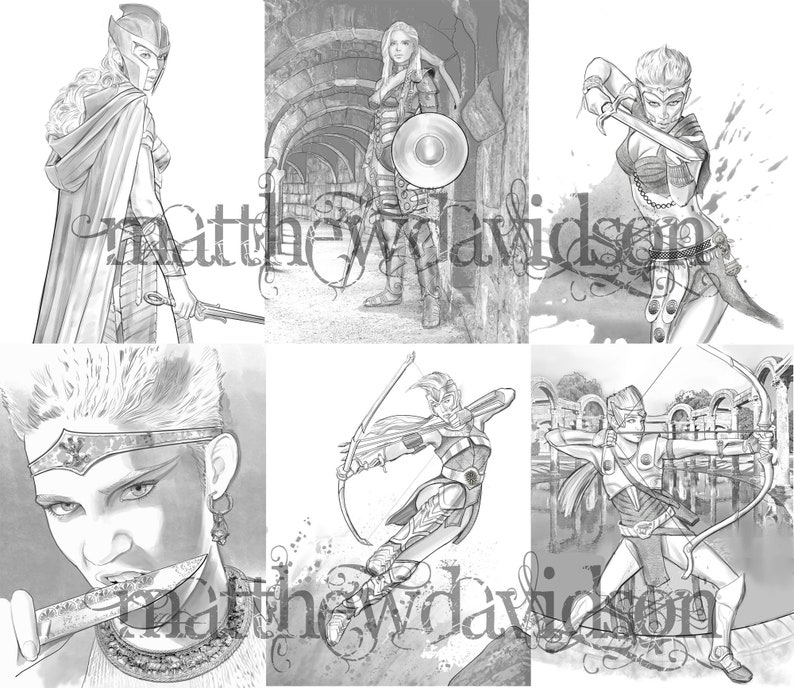 May include: A set of six black and white illustrations featuring fantasy characters. The characters are drawn in a realistic style and are wearing armor and wielding weapons. The illustrations are perfect for use in fantasy art, role-playing games, or other creative projects.