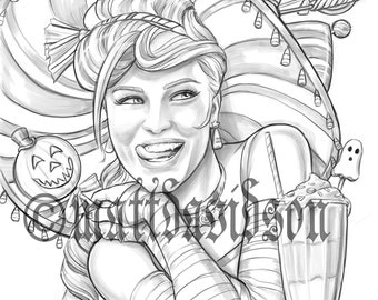 Coloring pages for adults, Wickedly Sweet, halloween, Grayscale, Colouring for Grown Ups, Instant Download, Printable Coloring Pages