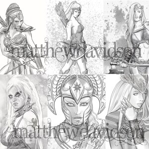 May include: A digital illustration of six different female warriors in black and white. Each warrior is depicted with a unique hairstyle, armor, and weapon. The warriors are drawn in a realistic style with detailed features and expressions.