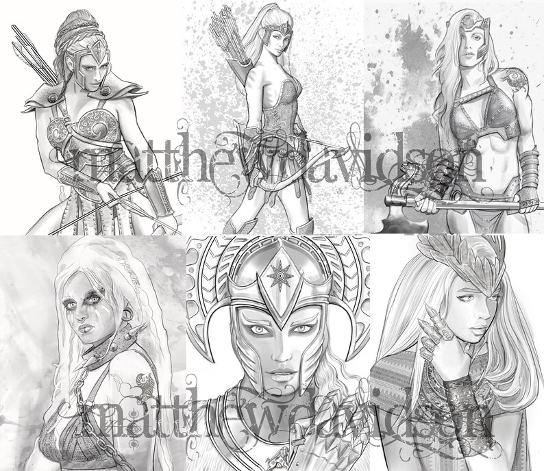 May include: A digital illustration of six different female warriors in black and white. Each warrior is depicted with a unique hairstyle, armor, and weapon. The warriors are drawn in a realistic style with detailed features and expressions.