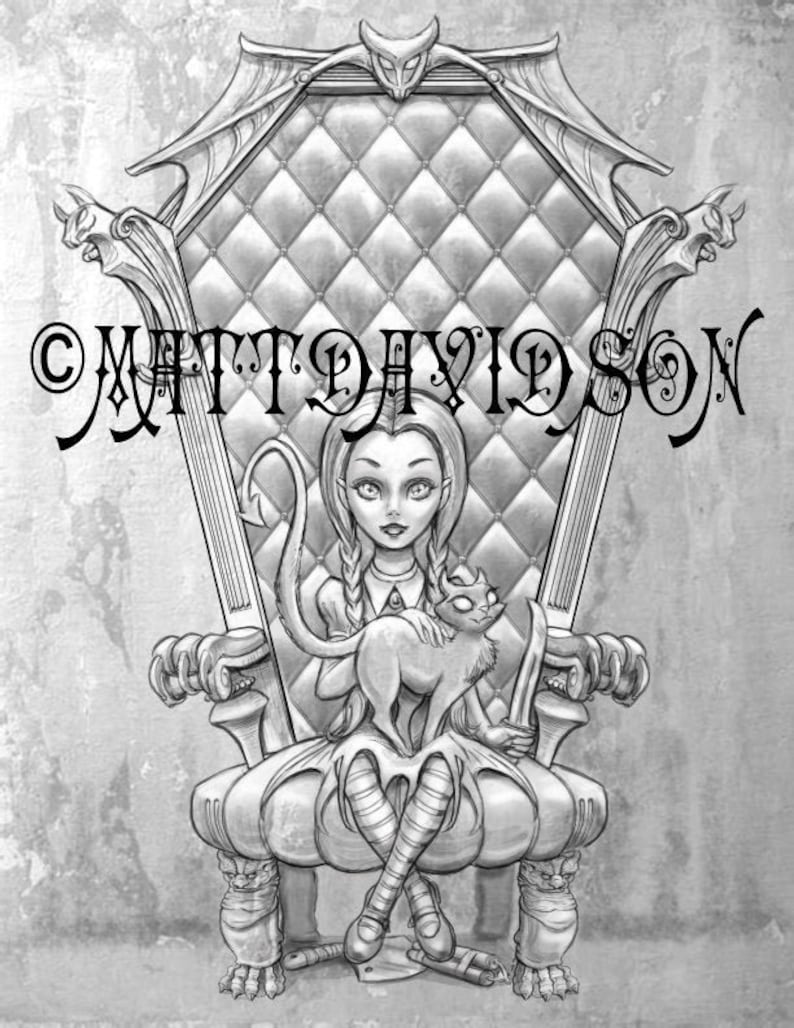 May include: A black and white illustration of a young girl with pigtails sitting on a throne with a cat. The throne is decorated with gothic details and the girl is wearing a dress with a collar and a bow. The cat is sitting on the girl's lap and has a collar with a bell.