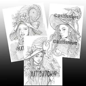 Witch portrait 3-pack, Halloween, Multipack, Minibook, Coloring Pages, Printable, Colouring for adults, Instant Download, Grayscale coloring