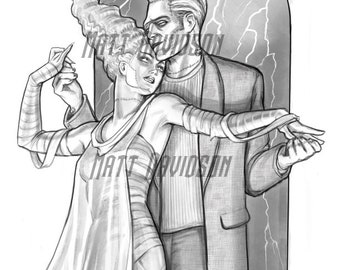 May include: A black and white illustration of a couple dancing. The woman is wearing a dress with bandages and the man is wearing a suit. The background is a dark gray arch with lightning bolts.