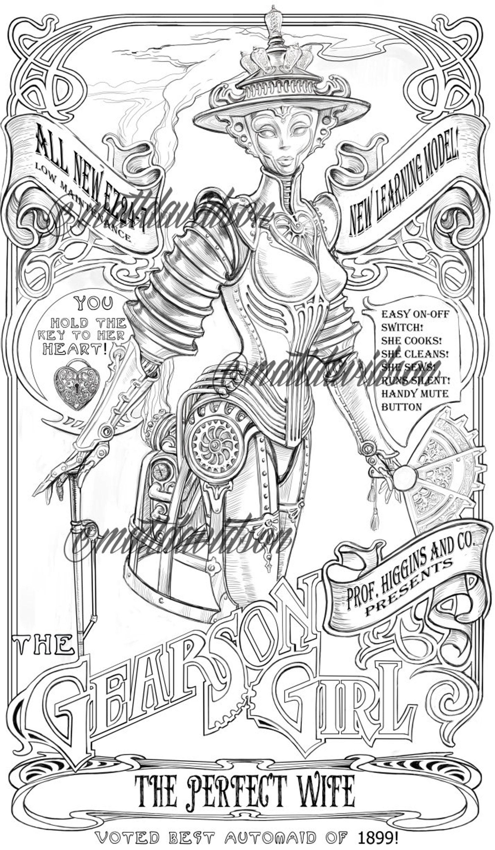 Gearson Girl Coloring Pages Adult Coloring Steampunk - Etsy
