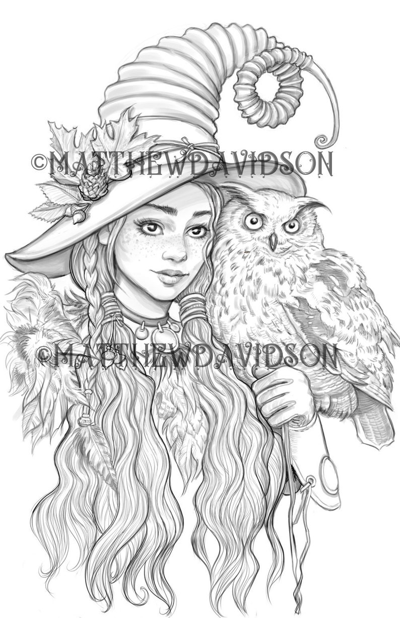 Coloring pages for adults Athene the Owl Witch halloween | Etsy