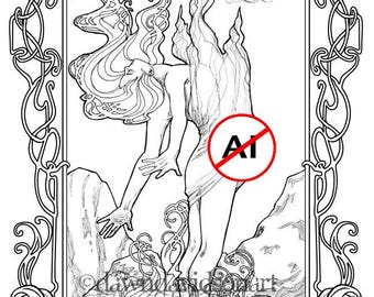 Geist des Feuers, Erwachsene Färbung, Malseite, Fantasy Färbung, Line Art, Jugendstil Malseite, Fee Malseite, Printable, KEINE KI
