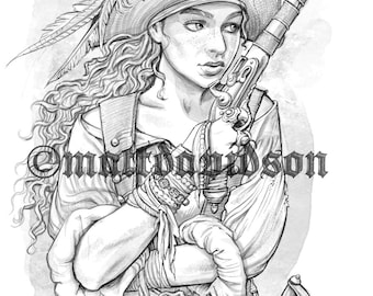 Pirate girl, Reychelle of Tortuga, Adult Coloring, fantasy coloring, printable, digital download