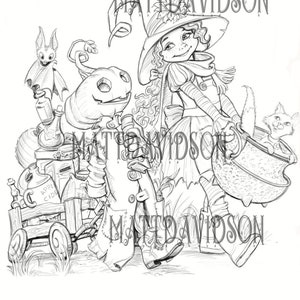May include: A black and white line drawing of a witch with a cauldron, a pumpkin, a bat, and a cat. The witch is wearing a hat and a dress. The pumpkin is pulling a wagon with a barrel of apple cider.