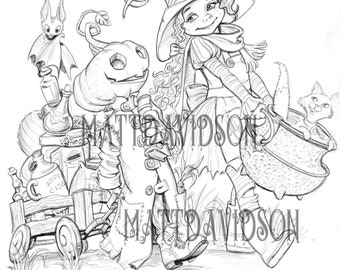 Coloring pages for adults, little witch,  halloween, Grayscale, Instant Download, Printable Coloring Pages