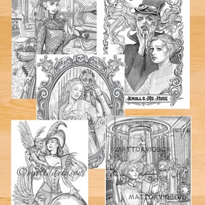 Może przedstawiać: Zestaw czterech czarno-białych ilustracji przedstawiających kobiety w r&oacute;żnych steampunkowych sceneriach. Ilustracje przedstawiają kobietę w cylindrze i sukni, kobietę z małpą, kobietę w fartuchu laboratoryjnym i kobietę z maską.