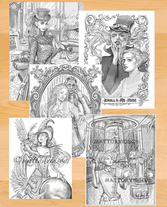 Gothic Horror 5-pack, strong women, Halloween, Adult Coloring Pages, fantasy coloring, printable, download, victorian, grayscale