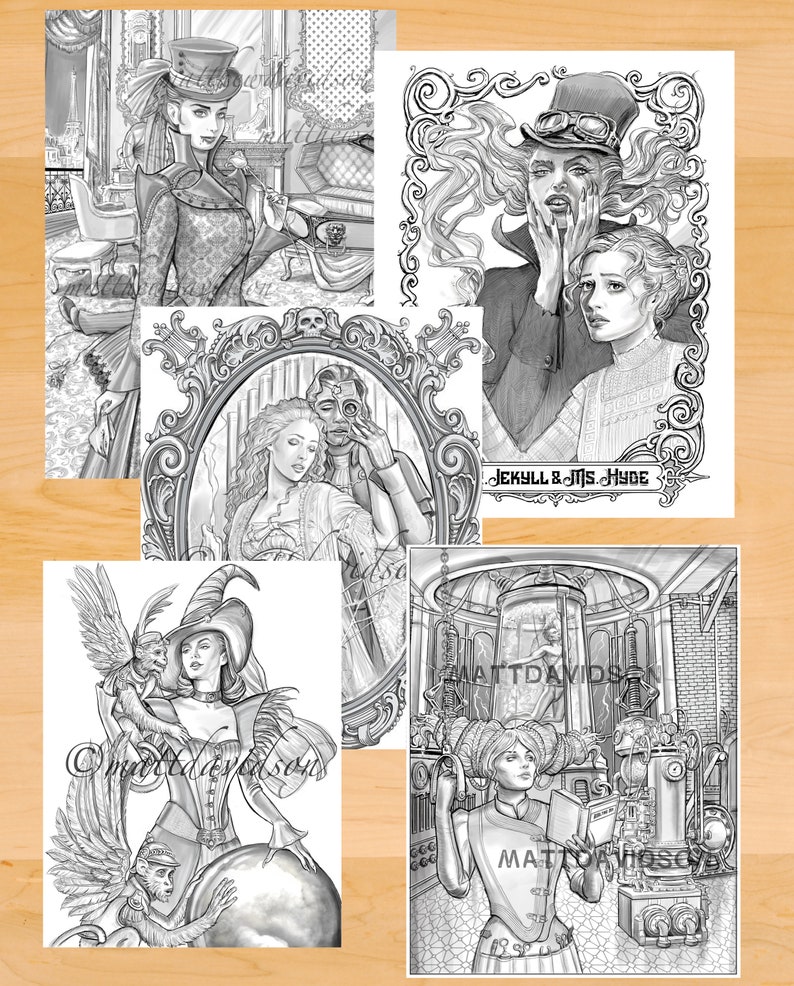Może przedstawiać: Zestaw czterech czarno-białych ilustracji przedstawiających kobiety w r&oacute;żnych steampunkowych sceneriach. Ilustracje przedstawiają kobietę w cylindrze i sukni, kobietę z małpą, kobietę w fartuchu laboratoryjnym i kobietę z maską.