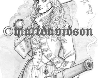 Pirate Queen, Commodore Le Croix, Adult Coloring, fantasy coloring, printable, digital download