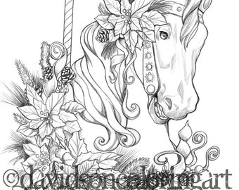 Christmas Carousel Horse, Adult Coloring Page, Fantasy Coloring, Winter, Greyscale, Instant Download, Printable