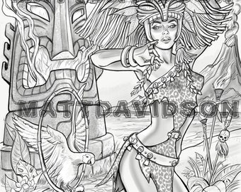 Tiki Goddess, grayscale, line art, Adult Coloring, fantasy coloring, printable, digital download