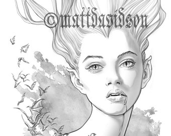 Coloring pages for adults, Her Ravenous Eyes, vampire, halloween, Grayscale, Instant Download, Printable Coloring Pages