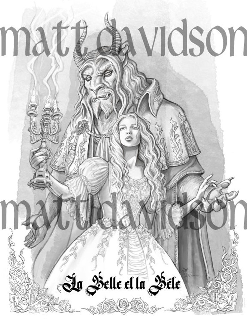 K&ouml;nnte beinhalten: Schwarz-wei&szlig;-Illustration von Belle und dem Biest. Das Biest h&auml;lt einen Kandelaber und Belle steht neben ihm. Der Text "La Belle et la B&ecirc;te" ist darunter geschrieben.