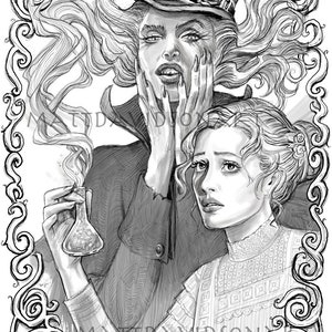 Może przedstawiać: Czarno-biała ilustracja dw&oacute;ch os&oacute;b, jedna z cylindrem i okularami, druga z kwiatem we włosach. Tekst "Dr. Jekyll & Ms. Hyde" znajduje się na dole obrazu.