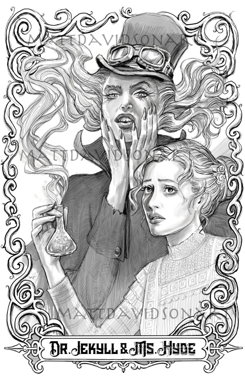 Może przedstawiać: Czarno-biała ilustracja dw&oacute;ch os&oacute;b, jedna z cylindrem i okularami, druga z kwiatem we włosach. Tekst "Dr. Jekyll & Ms. Hyde" znajduje się na dole obrazu.