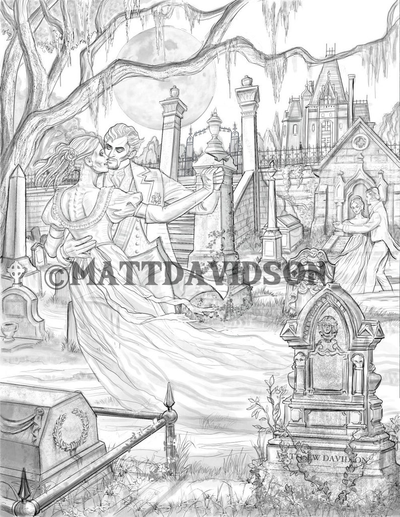 May include: A black and white illustration of a couple dancing in a graveyard. The man is wearing a suit and the woman is wearing a long dress. There is a large house in the background and a tombstone with the inscription "Matthew Davidson".