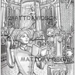 Może przedstawiać: Kobieta w stroju w stylu steampunk stoi w laboratorium, trzymając książkę zatytułowaną "Rebuilding Day". Patrzy na książkę, a za nią znajduje się duży szklany pojemnik z osobą w środku. Pojemnik jest otoczony r&oacute;żnymi rurami i maszynami.