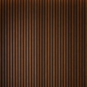 May include: A vertical wood slat wall with a warm brown color. The slats are evenly spaced and run from the bottom to the top of the image. A warm, yellow light strip is at the top of the wall.