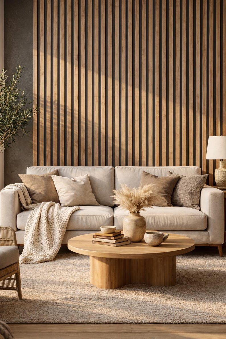 May include: A living room scene featuring a beige sofa with several throw pillows and a knitted blanket. A round wooden coffee table holds books, a vase with dried flowers, and ceramic bowls. The background includes a wooden slatted wall.