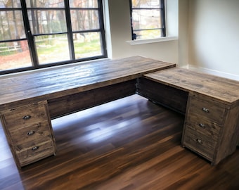 Corner Desk Office Desk With 2 Drawer Units , Custom Made Reclaimed Scaffold Boards Rustic - 6 Privacy Panels | THE CIRCUS