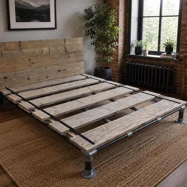 May include: A bed frame constructed from dark grey industrial metal piping and light-toned wooden planks. The design features a tall, rectangular wooden headboard made of horizontal boards and a platform base supported by four metal pipe legs.