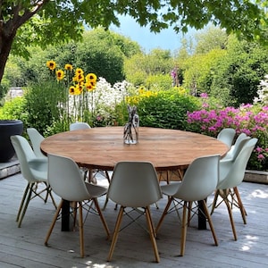 Outdoor Circular Round Table, Custom Made Reclaimed Wood Garden Use A frame legs | THE SALISBURY