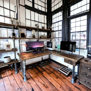 Integrated Office Desk with Hanging Drawer, Custom Made,Reclaimed Scaffold Boards + Pipes, Tubes,Rustic, Industrial Look | THE MELROSE