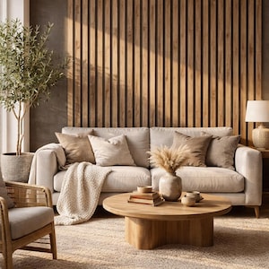 May include: A cozy living room scene featuring a beige sofa with multiple throw pillows and a soft blanket. A round wooden coffee table holds books and decorative items. The room has a wooden slatted wall and a potted plant.