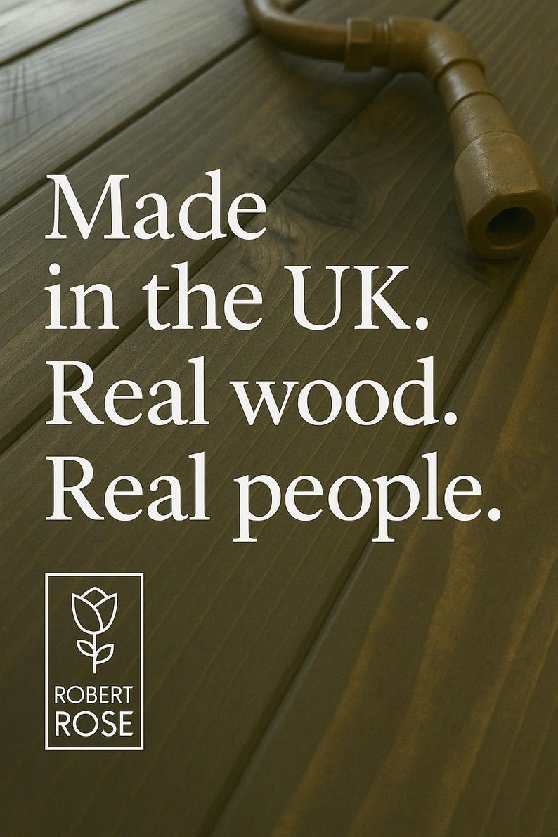 May include: A close-up of a wooden surface with the text "Made in the UK. Real wood. Real people." and a stylized white tulip logo with the text "Robert Rose" below it.