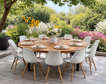 Outdoor Circular Round Table, Custom Made Reclaimed Wood Garden Use A frame legs | THE SALISBURY