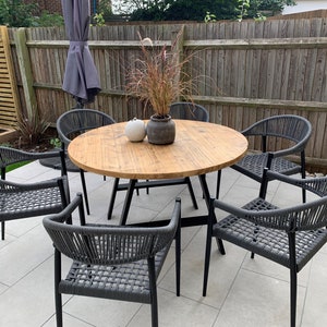 Outdoor Circular Round Table, Custom Made Reclaimed Wood Garden Use A frame legs | THE SALISBURY