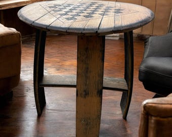 Reclaimed Whiskey Barrel Chess Coffee Table: Rustic Handmade Game Table