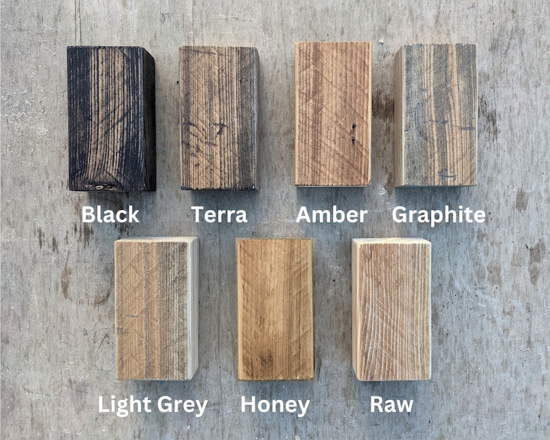 May include: Wood stain samples in various colors, including black, terra, amber, graphite, light grey, honey, and raw.