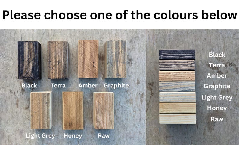 May include: A selection of wooden blocks in various colors, including black, terra, amber, graphite, light grey, honey, and raw. The text "Please choose one of the colours below" is at the top, with color names below each block.