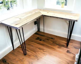 Corner Office Desk - Two Boards, Custom Made Reclaimed Scaffold Boards And Hairpin Legs For Rustic, Industrial Look - 5 legs | THE HELSINKI