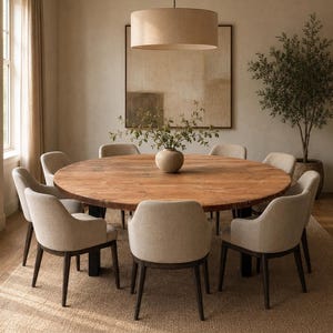 Puede incluir: Una gran mesa de comedor redonda de madera con acabado de veta natural, rodeada de ocho sillas tapizadas en tela beige claro con patas de madera oscura. Un jarrón de cerámica con ramas verdes se encuentra en el centro de la mesa.