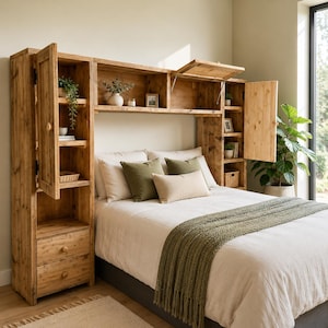 May include: A light brown wooden bed frame with an integrated headboard featuring tall side shelving units, two lower drawers, and an overhead storage cabinet with hinged doors. The bed is dressed in white bedding with olive green pillows.