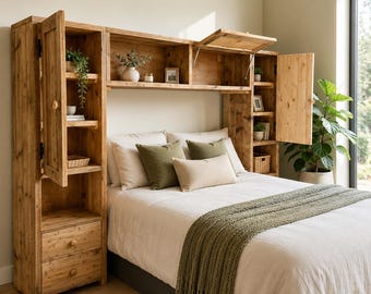 Handmade Reclaimed Wood Bed Frame with Overhead Storage