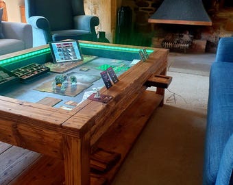 Reclaimed Wood Coffee Gaming Table with LED Lights & Card Slots | THE ESPRESSO