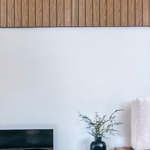 May include: A modern interior scene featuring a wooden panel wall, a white wall, and wooden furniture. A black vase holds greenery, and a black television sits on a wooden table. A white cushion rests on a wooden box.