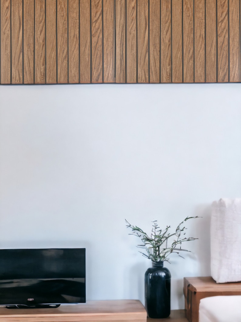 May include: A modern interior scene featuring a wooden panel wall, a white wall, and wooden furniture. A black vase holds greenery, and a black television sits on a wooden table. A white cushion rests on a wooden box.