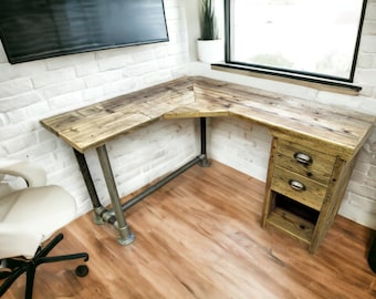 Rustic Desk Corner Two board Mitre Desk with under desk Cupboard, Storage Unit | THE BASSETT